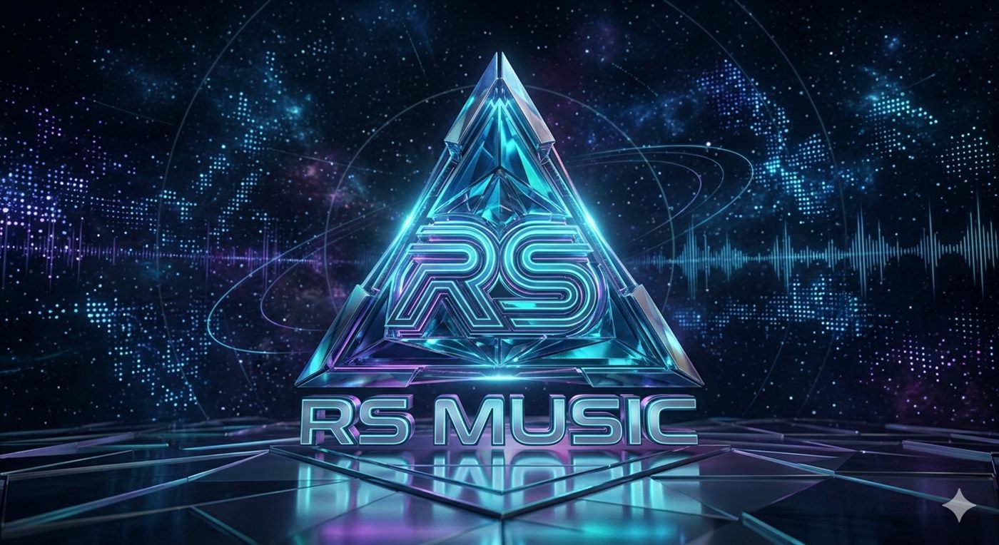 RS Music: logo con un triángulo de cristal y las letras RS en luz neón